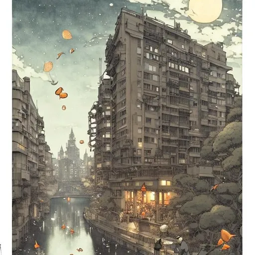 Prompt: Kate Greenaway, Anton Pieck, Katsuhiro Otomo style, city scape, night, goldfish swimming in the air, detailed, manga lines, high school girl take a walk detailed resolution definition high quality masterpiece 