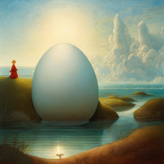 Prompt: Elsa beskow, Leonardo da Vinci Anime Surreal Mysterious Weird Fantastic Sci-fi Fantasy Coast A giant egg emerging from the sea A girl standing on the shore, hyperdetailed high resolution high definition high quality masterpiece 