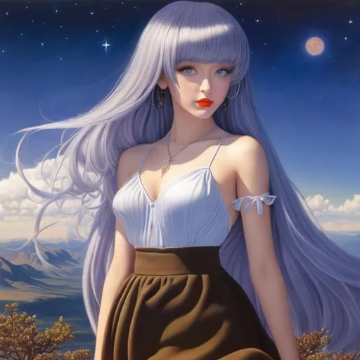 Prompt: Kathryn Rathke, Mabel Attwell, Mysterious, bizarre, surreal, bizarre, fantasy, Sci-fi, Japanese anime, painters of the night, development of perspective, landscape of a beautiful girl in a miniskirt, perfect voluminous body, detailed masterpiece 