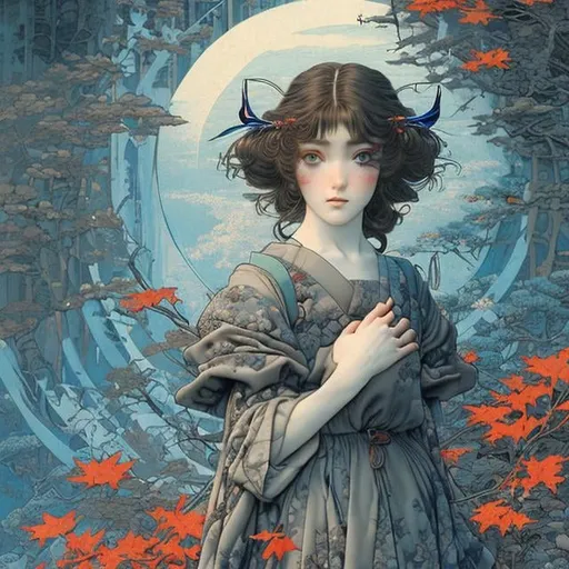 Prompt: Ukiyo-e style　Christian Riese Lassen, Charles Robinson, Eleanor Fortescue-Brickdale, surreal　fanciful　wondrous　strange　Whimsical　Sci-Fi Fantasy　hi-school girl　A dark-haired　Autumn leaves with short hair　Circular Theater　hour glass　blue-sky　Hyperdetailed high definition high resolution high quality masterpiece