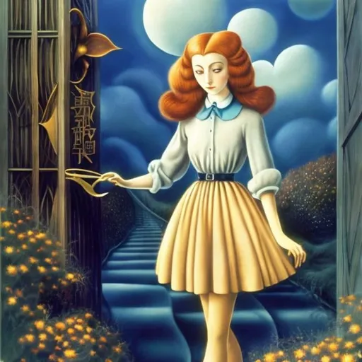 Prompt: Remedios Varo, Joyce Mercer, Mysterious Surreal Fantastic Fantasy Sci-fi, Japanese Anime, Abundant Chaos, Horrible Madness, Unbearable Ordinary, Blonde Miniskirt Beautiful Girl Alice, perfect voluminous body, detailed masterpiece 