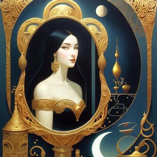 Prompt: Anton Lomaev, Erte, Surreal, mysterious, strange, fantastical, fantasy, Sci-fi, Japanese anime, looking at the mirror, looking at it is surprising, Crescent Moon Girl, concave mirror, allegorical, detailed masterpiece