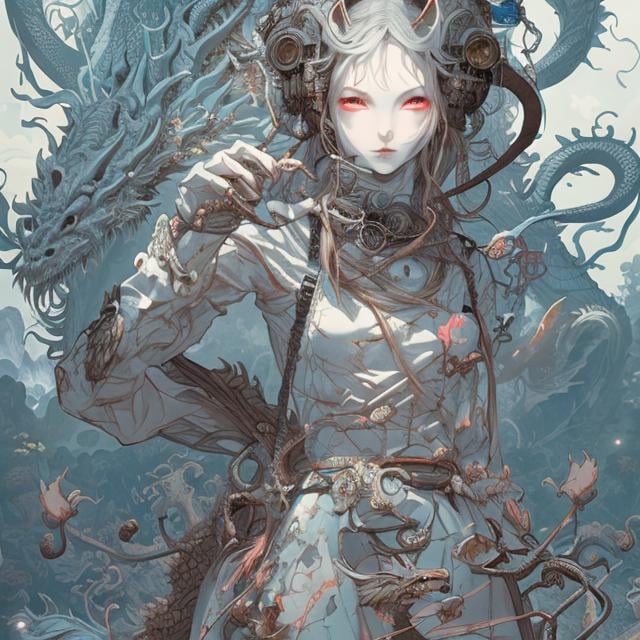 Prompt: James Jean Anime Mysterious Bizarre Fantastic  Sci-fi Fantasy Tea with the Dragon Western-style castle hall Girl Alice detailed high quality resolution definition masterpiece manga lines