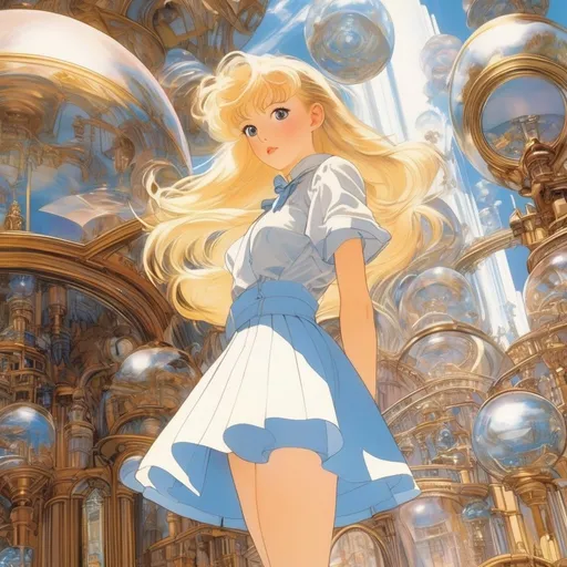 Prompt: Adolphe Willette, Naoko Takeuchi, Surreal, mysterious, strange, fantastical, fantasy, sci-fi, Japanese anime, giant lenses, reflectors, and optical paths, beautiful blonde miniskirt girl Alice who gets lost, perfect voluminous body, detailed masterpiece sharp focus 