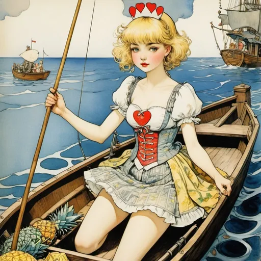 Prompt: Arthur Rackham, William Steig, Surreal, mysterious, strange, fantastical, fantasy, sci-fi, Japanese anime, pineapple sea, beautiful blonde miniskirt girl Alice enjoying fishing on a boat, perfect voluminous body, the queen of hearts is the boatman, detailed masterpiece high angle 