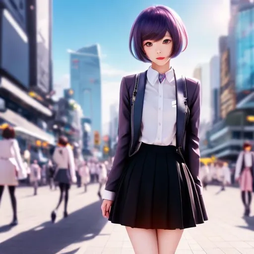 Prompt: Tsukasa Hojo, John Brosio, Surreal, mysterious, strange, fantastical, fantasy, Sci-fi, Japanese anime, New Year countdown, in the plaza of the future city, beautiful girl in miniskirt, short-haired, boyish, perfect voluminous body, detailed masterpiece 