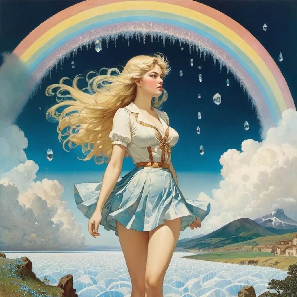 Prompt: Richard Dadd, Eleanor Vere Boyle, Edmund Dulac, Florence Kate Upton, Katharine Cameron, Surrealism, wonder, strange, bizarre, fantasy, Sci-fi, Japanese Anime, rain that connects the sky and the earth, a rainbow of ice crystals and a blonde miniskirt beautiful girl Alice, perfect voluminous body, detailed masterpiece 