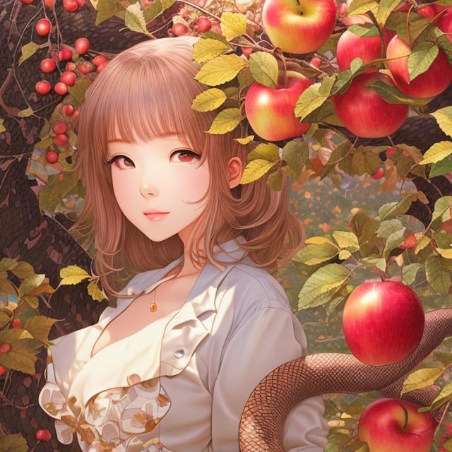 Prompt: Sydney Sime, Japanese anime, Katsuhiro Otomo, manga lines, Eve, apple Tree, holding an apple, huge snake, hyperdetailed, realistic, high resolution, high quality, high definition, masterpiece 