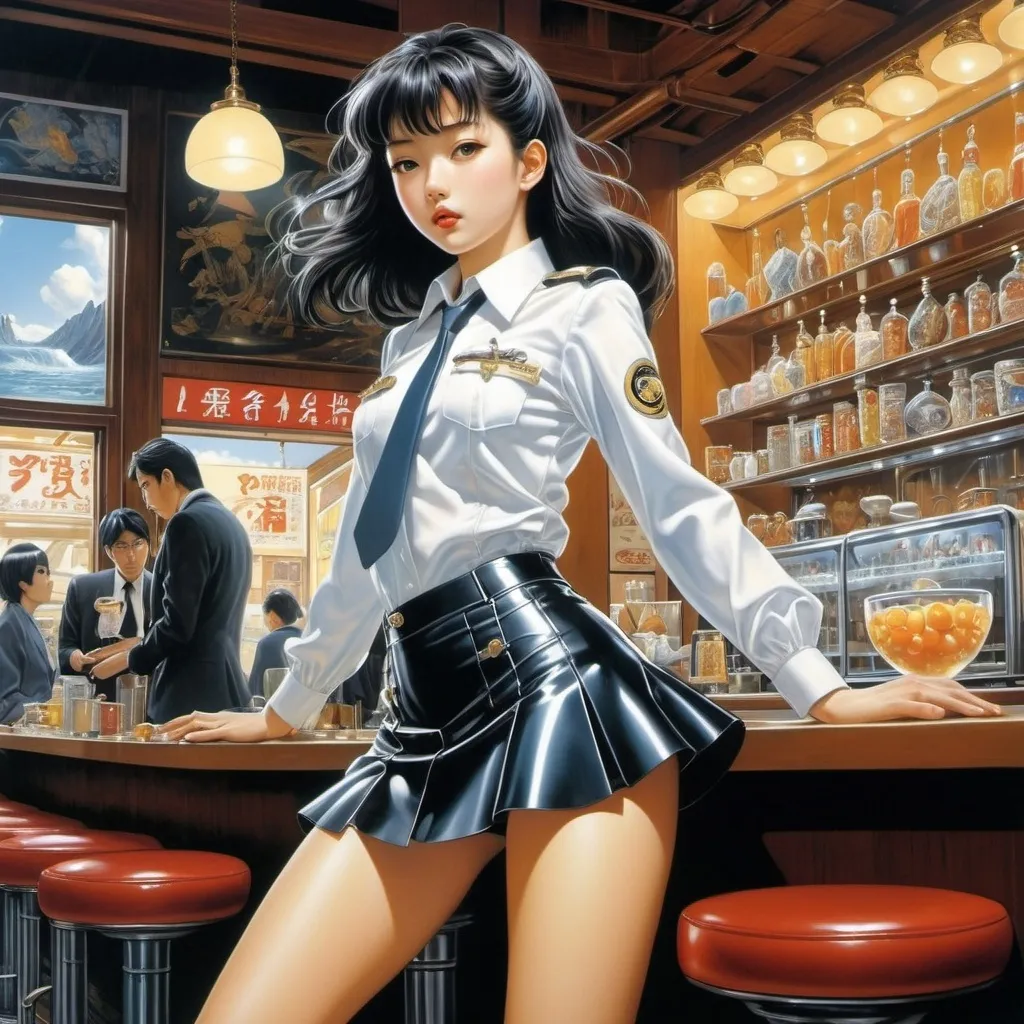 Prompt: Kristoffer Zetterstrand, Hajime Sorayama, Keiko Takemiya, Siri Rathsman, Filippo Romoli, Surrealism Mysterious Weird Fantastic Fantasy Sci-Fi, Japanese Anime, Sinking Marbles, Singing Cafe, Miniskirt Beautiful High School Girl, perfect voluminous body, detailed masterpiece 