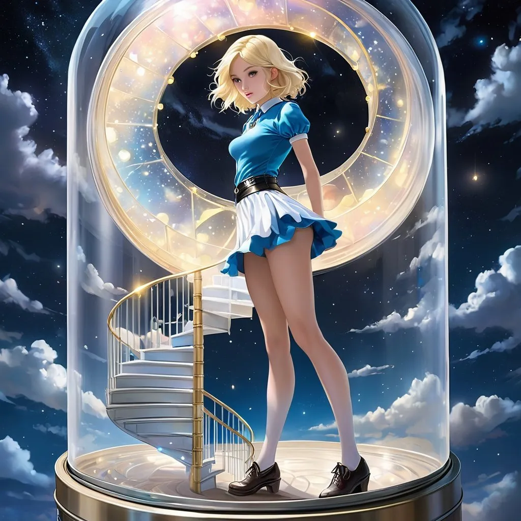 Prompt: Harue Koga, Ingeborg Meyer-Rey, Surreal, mysterious, strange, fantastical, fantasy, Sci-fi, Japanese anime, spiral staircase inside a can, heaven in a jar, nickel, night when the moon shines, blonde miniskirt beautiful girl Alice, perfect body, detailed masterpiece 