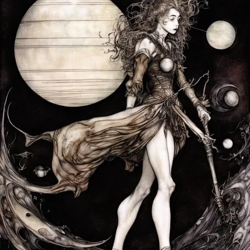 Prompt: Arthur Rackham, Marcello Dudovich, Surreal, mysterious, strange, fantastical, Japanese anime, large planetary clock, orbits of planets and moon, beautiful girl in miniskirt, perfect voluminous body, detailed masterpiece 