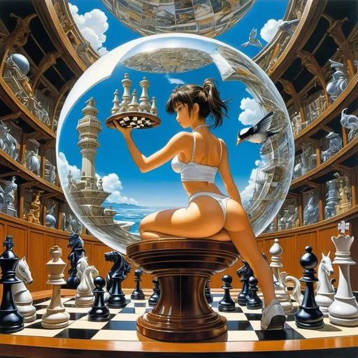 Prompt: John Nixon, Masamune Shirow, M C Escher, Surreal, mysterious, bizarre, fantastical, fantasy, Sci-fi, Japanese anime, floating stone sphere, glass throne, fighting chess pieces, beautiful girl in miniskirt watching the game, perfect voluminous body, detailed masterpiece bird’s eye view perspectives angles 