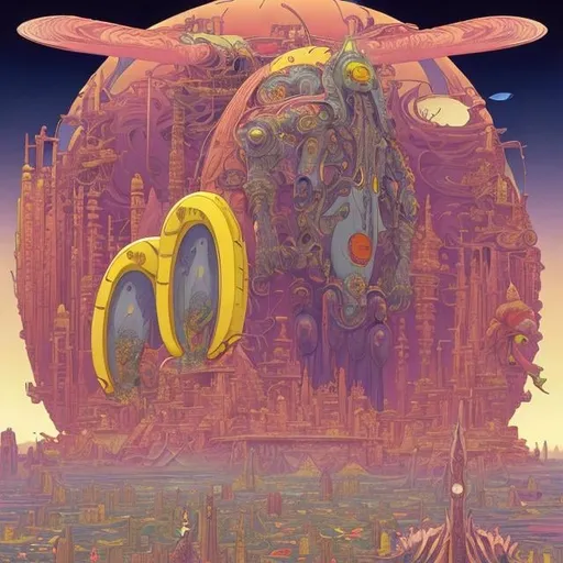 Prompt: Moebius, Jean Giraud, George Barbier, animesque　surreal　fanciful　wondrous　strange　Whimsical　Sci-Fi Fantasy　The best day for banana peeling々　「HAYABUSA」Flavored unmanned probe dreams of banana-shaped aliens　Travelers in search of apples travel through the city of endless clocks　Eden Retrograde, hyperdetailed high resolution high quality high quality masterpiece