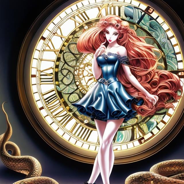 Prompt: Alan Davis, Marie Vorobieff, Surreal, mysterious, strange, fantastical, fantasy, Sci-fi, Japanese anime, miniskirt beautiful girl walking inside the clock, perfect voluminous body, apple and snake, detailed masterpiece 