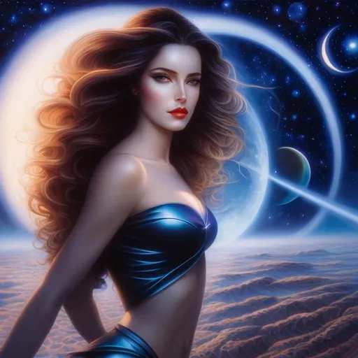 Prompt: Julie Bell, Magali Villeneuve, Surreal, mysterious, strange, fantastic, fantasy, Sci-fi, Japanese anime, beautiful girl in a miniskirt, perfect voluminous body, crescent moon, moonlight realm, traveler only at night, the moon and stars sleeping on earth, hyper detailed masterpiece high resolution definition quality, depth of field cinematic lighting 