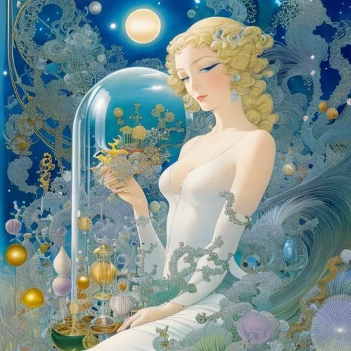 Prompt: Kay Nielsen, Michael Parkes, Gerda Wegener Japanese Anime Sci-Fi Fantasy　Solar system inside a glass jar　Girl with the glass bottle Hyperdetailed high definition high resolution high quality masterpiece Hand drawn illustration 