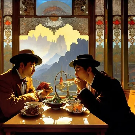 Prompt: Umberto Brunelleschi, Alphonse mucha, Surreal, mysterious, strange, fantastical, fantasy, Sci-fi, Japanese anime, Christmas Eve, father and son eating pho noodles at a Vietnamese restaurant, curious about the beautiful girl in the table over there, snow, detailed masterpiece 