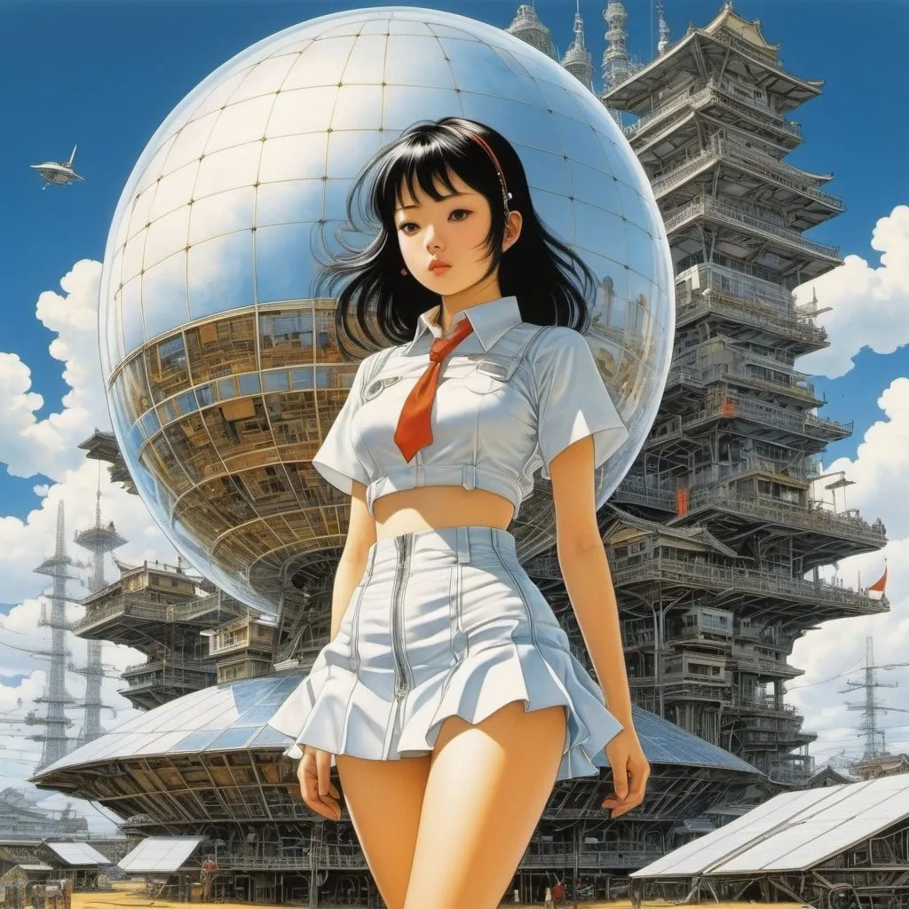 Prompt: Katsuhiro Otomo, Yoshikazu Yasuhiko, Surrealism, strange, bizarre, fantastical, fantasy, Sci-fi, Japanese anime, play of symbols that have lost meaning → transparent and light structures → renewable energy + temporary buildings, an era of architecture Continuum evolving mini-skirt beautiful girl, perfect voluminous body, detailed masterpiece 