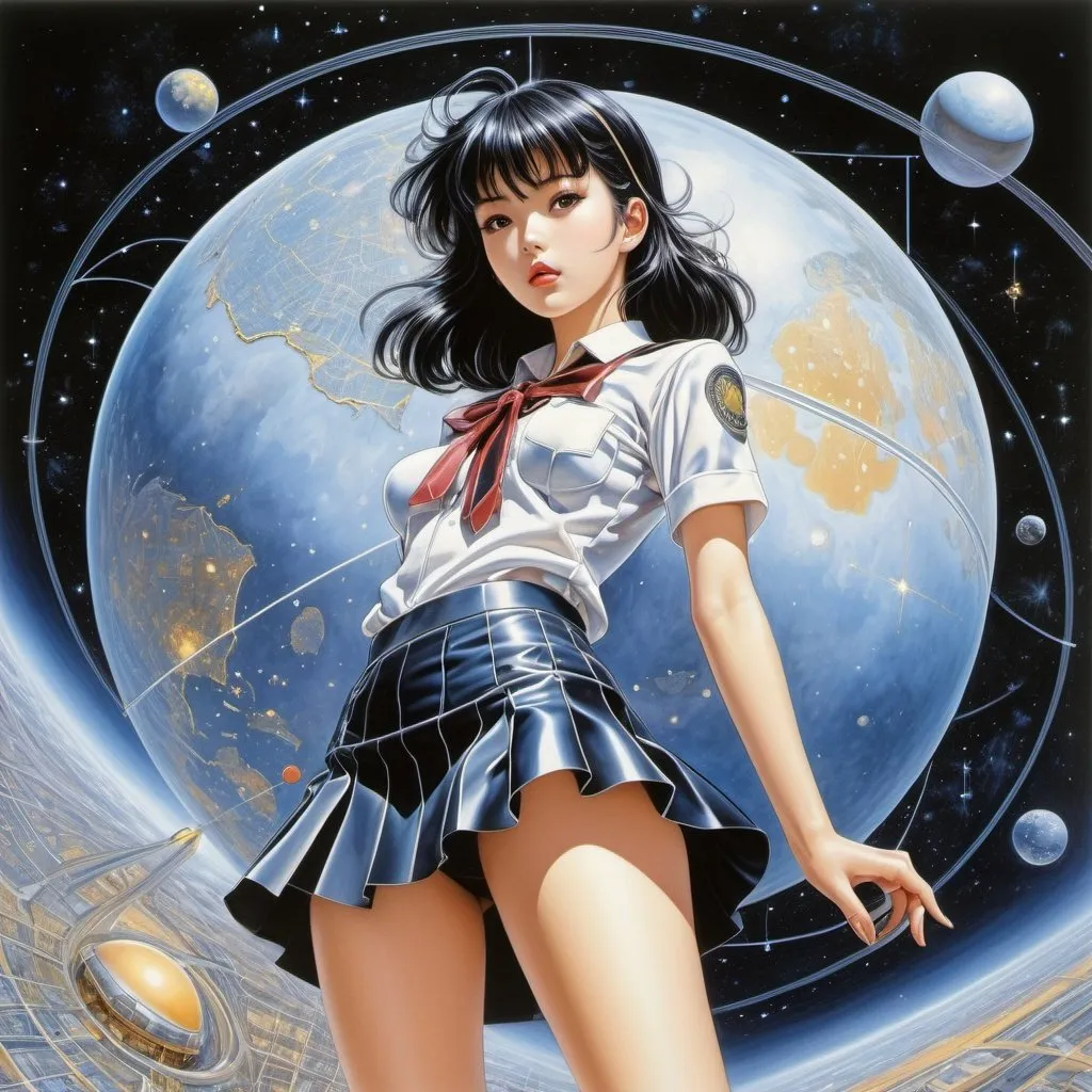 Prompt: Rin Shin, Hajime Sorayama, Hidefumi Kimura, Vasanti Unka, Avis Acres, Surrealism Mysterious Weird Fantastic Fantasy Sci-fi, Japanese Anime, Saturn Model Miniskirt Beautiful High School Girl, perfect voluminous body, Constellation Map, detailed masterpiece hand coloured fine line drawings perspectives