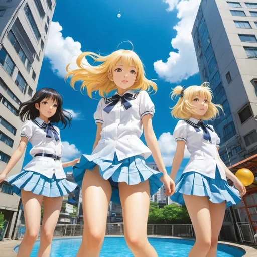 Prompt: Tsuruko Yamazaki, Keiko Minami, Yuko Higuchi, Yuu Watase, Sachiko Kamimura, Surrealism, Mystery, Strange, Outlandish, Fantasy, Sci-fi, Japanese Anime, Illustrated encyclopedia of floating creatures in the liquid glass sky, Playground called the City, Blonde miniskirt beautiful girl Alice, having fun, perfect voluminous body, detailed masterpiece 