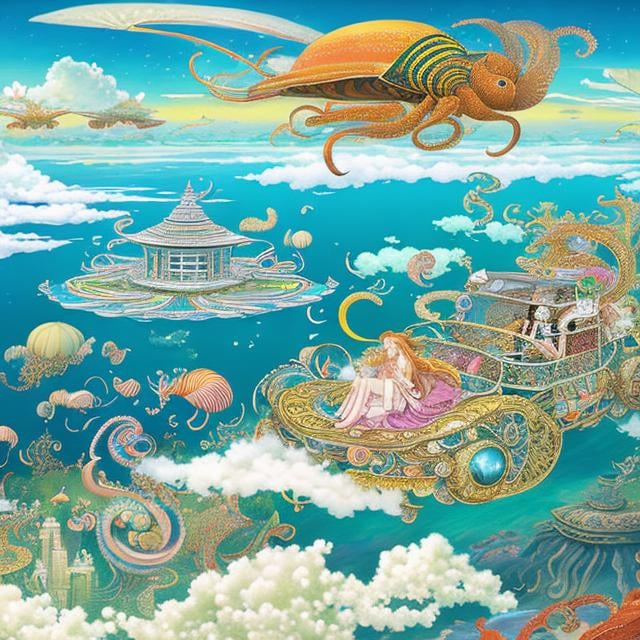 Prompt: Walter Crane,  Barbara Cooney, François-Louis Schmied, animesque　wondrous　strange　Whimsical　surreal　fanciful　Sci-Fi Fantasy　country above the clouds　Ukishima　Beetle Taxi　Fish in the sea of clouds、octopuses、jellyfish　Little girl in a taxi Hyperdetailed high definition high resolution high quality masterpiece, hands drawn illustration 