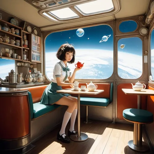 Prompt: Naoyuki Kato, Heath Robinson, Surreal, mysterious, strange, fantastical, fantasy, Sci-fi, Japanese anime, Sunday afternoon fun, mini-skirt pretty high school girl having tea at a stylish cafe, perfect voluminous body, Earth seen from the space station, detailed masterpiece wide angles low high