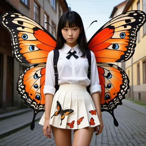 Prompt: Pirkko-Liisa Surojegin, Keiko Takemiya, Hans Bellmer, Augustus Pugin, Louis-François Cassas, Surrealism, wonder, bizarre, fantastical, fantasy, Sci-fi, Japanese anime, Umwelt, walking around the city of symbols, visualizing the image of a beautiful high school girl in a miniskirt, perfect voluminous body, butterfly wings, rock patterns, paintings, diagonal lines of mythology, detailed masterpiece 