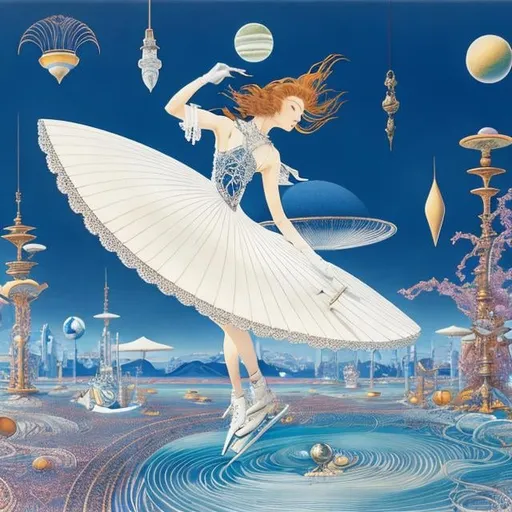 Prompt: Windsor McKay, Kay Nielsen, Katsuya Terada, Surreal, mysterious, bizarre, fantastic, fantasy, Sci-fi, Japanese anime, Saturn's rings are a skating rink, a beautiful girl in a miniskirt enjoys skating, triple axel, dancing in the air, dynamism, asteroid belt, detailed masterpiece 