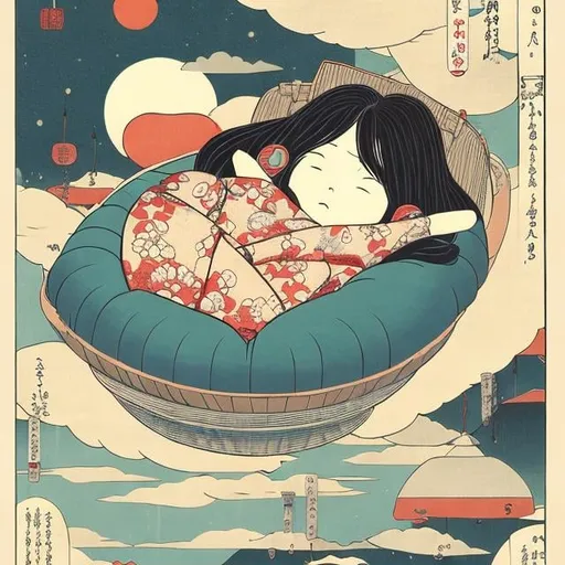 Prompt: Andy Catling, Tomie dePaola, Ukiyo-e style Japanese anime sci-fi fantasy library floating bed sleeping girl moo, hyper high resolution high definition high quality masterpiece