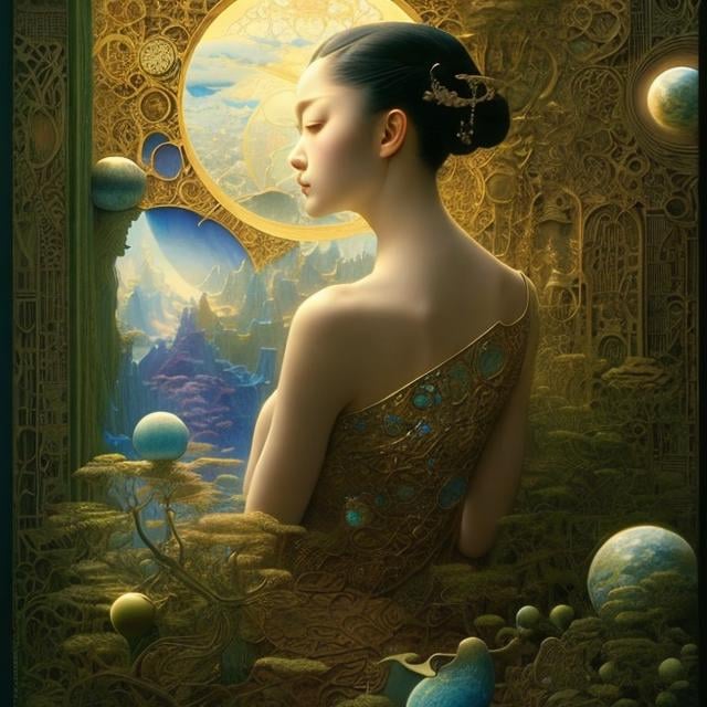 Prompt: TAO Artist, James C. Christensen, Surreal, mysterious, strange, fantastical, fantasy, Sci-fi, Japanese anime, words are the blueprint of the world, creation and construction, beautiful girl who tells the story, perfect voluminous body, detailed masterpiece 