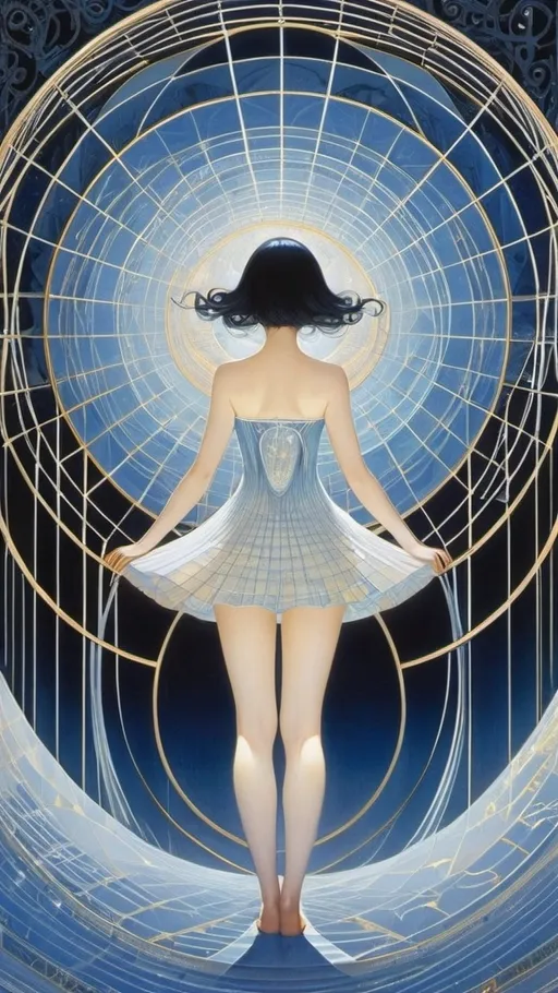 Prompt: Kay Nielsen, James Jean,  Mitsumasa Anno, Juco Putker, Sydney Sine, Surrealism, mysterious, bizarre, fantastical, fantasy, Sci-fi, Japanese anime, the shape of life is the shadow of fibers (grids) woven by bundles of parallel light irradiated from a point at infinity, the appearance of heterogeneous spheres, the geometry of the body of a beautiful high school girl in a miniskirt academic golden ratio, perfect voluminous body, detailed masterpiece 