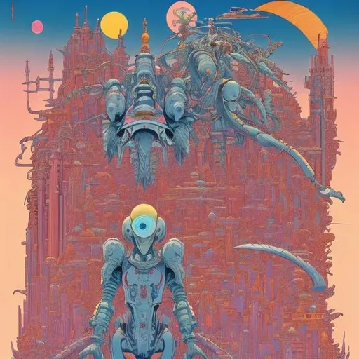 Prompt: Moebius, Jean Giraud, George Barbier, animesque　surreal　fanciful　wondrous　strange　Whimsical　Sci-Fi Fantasy　The best day for banana peeling々　「HAYABUSA」Flavored unmanned probe dreams of banana-shaped aliens　Travelers in search of apples travel through the city of endless clocks　Eden Retrograde, hyperdetailed high resolution high quality high quality masterpiece