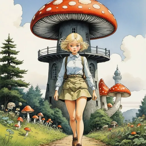 Prompt: Elsa Beskow, Katsuhiro Otomo, Mabel Attwell, Surreal, mysterious, strange, fantastical, fantasy, Sci-fi, Japanese anime, walking mushroom, miniskirt beautiful girl who rewinds time, perfect voluminous body, clock tower, detailed masterpiece 