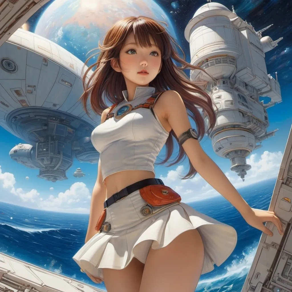 Prompt: Tatsuyuki Tanaka, Koji Morimoto, Surreal, mysterious, strange, fantastic, fantasy, Sci-fi, Japanese anime, soft mechanical miniskirt beautiful girl, perfect voluminous body, connected worlds, ocean, nebula, Mars, starship, detailed masterpiece wide angles perspectives zoom in 