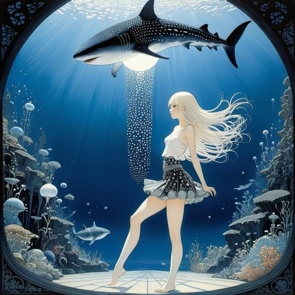 Prompt: Kay Nielsen, Shinji Wada, Surreal, mysterious, strange, fantastical, fantasy, Sci-fi, Japanese anime, ocean light bulb, miniskirt beautiful girl, perfect voluminous body, whale shark, detailed masterpiece 