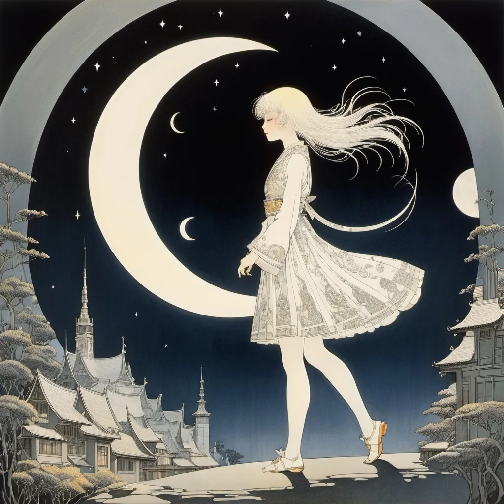 Prompt: Kay Nielsen, Shigeru Hatsuyama, Dorothy Lathrop, Gavin Bishop, Mitsukazu Mihara, Surrealism, wonder, strange, bizarre, fantasy, Sci-fi, Japanese anime, crescent moon born from a coffee cup, miniskirt beautiful high school girl looking for a cat, perfect voluminous body, night turns into morning, detailed masterpiece 