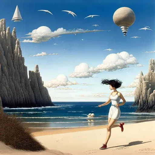 Prompt: Ida Rentoul Outhwaite, Jim burns, Surreal, mysterious, strange, fantastical, fantasy, Sci-fi, Japanese anime, a beautiful girl in gym clothes running on the sand of a deserted beach, perfect body, white T-shirt, blue sky, the remains of a spaceship towering over the sea, the horizon, detailed masterpiece 