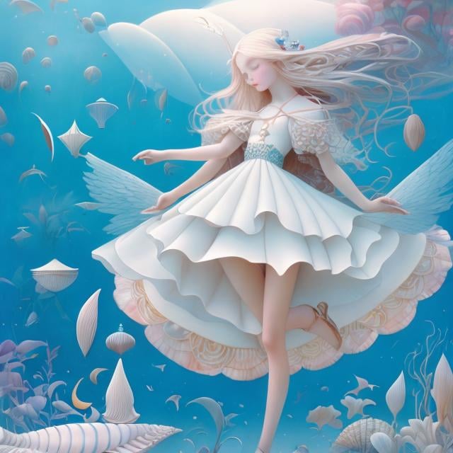 Prompt: Charles Robinson, Inka Essenhigh, Surreal, mysterious, bizarre, fantastical, fantasy, Sci-fi, Japanese anime, play philosophy natural history, everything is playful, angels, shells, architectural mythological iconology, beautiful blonde miniskirt girl Alice, perfect voluminous body, detailed masterpiece 
