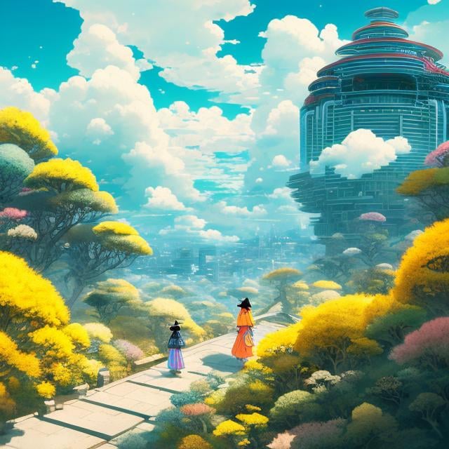 Prompt: Japanese Style, Kate Greenaway, James Jean, Jean Giraud, Anime Mysterious Strange Fantastic Sci-Fi Fantasy Tokyo Scenery City Ammonite Staircase Conch Elevator Yellow FIAT500 Taxi Miniskirt Girl Walking Blue Sky Clouds, hyper detailed high resolution high definition high quality masterpiece, face detailed 