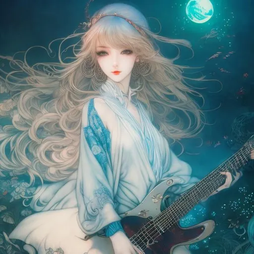 Prompt: Arthur Rackham, James Jean, Surreal, mysterious, strange, fantastical, fantasy, Sci-fi, Japanese anime, paper zoo, miniskirt kimono, beautiful girl playing electric guitar, blonde, hyper detailed masterpiece high resolution definition quality, depth of field cinematic lighting 