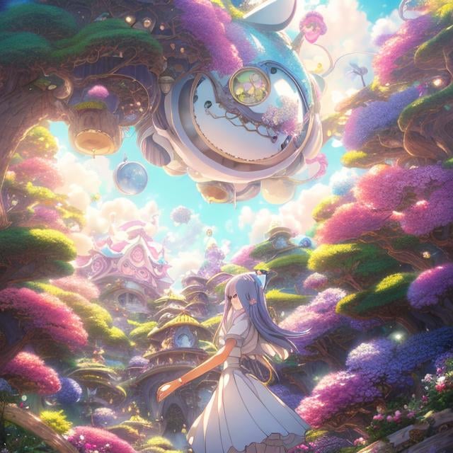 Prompt: Hayao Miyazaki Anime　surreal　wondrous　strange　Whimsical　fanciful　Sci-Fi Fantasy　Girl Alice　Study room at home　Door opens and the Cheshire Cat peeks in Hyper detailed high resolution high quality high definition masterpiece