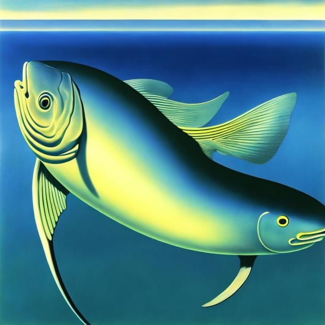 Prompt: René Magritte, Masamune Shirow, Surreal, mysterious, strange, fantastical, Japanese anime, walking fish and beautiful girl swimming, perfect voluminous body, detailed masterpiece 