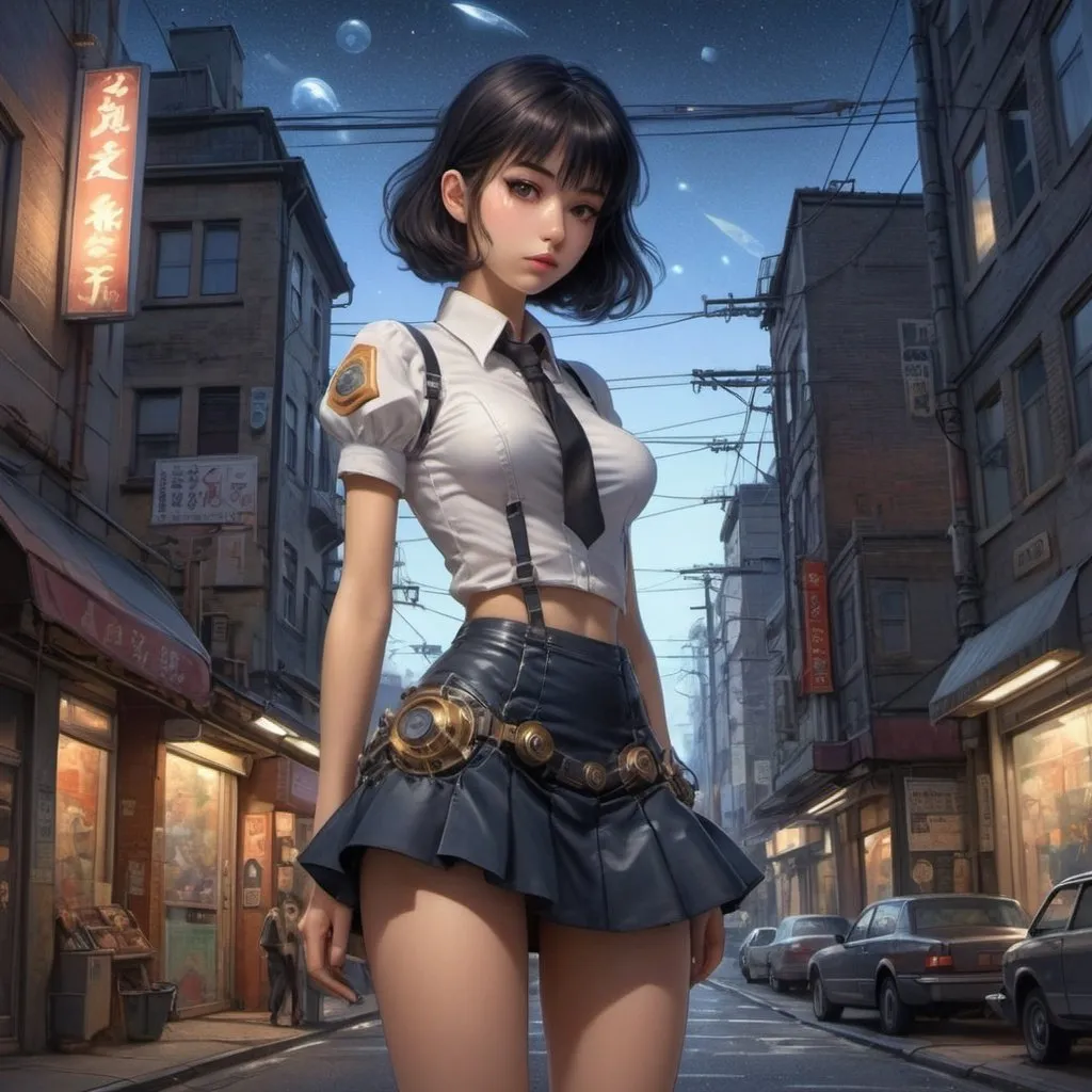 Prompt: Jose Garcia Ocejo, Abel Grimmer, Surreal, mysterious, strange, fantastical, fantasy, Sci-fi, Japanese anime, Stirling engine miniskirt beautiful engineer, perfect voluminous body, collecting star fragments, dusk on a street corner, detailed masterpiece 