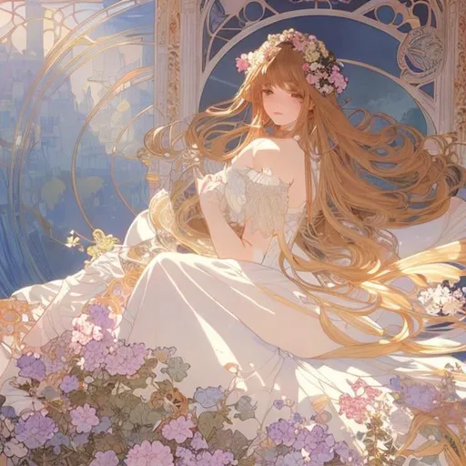 Prompt: Anne Anderson, Adrienne Segur, Alphonse Mucha　Japanese anime Sci-Fi Fantasy　Floating bed　teens girl　european castles　spring season hyperdetailed high resolution high definition high quality masterpiece Hands drawn illustration 