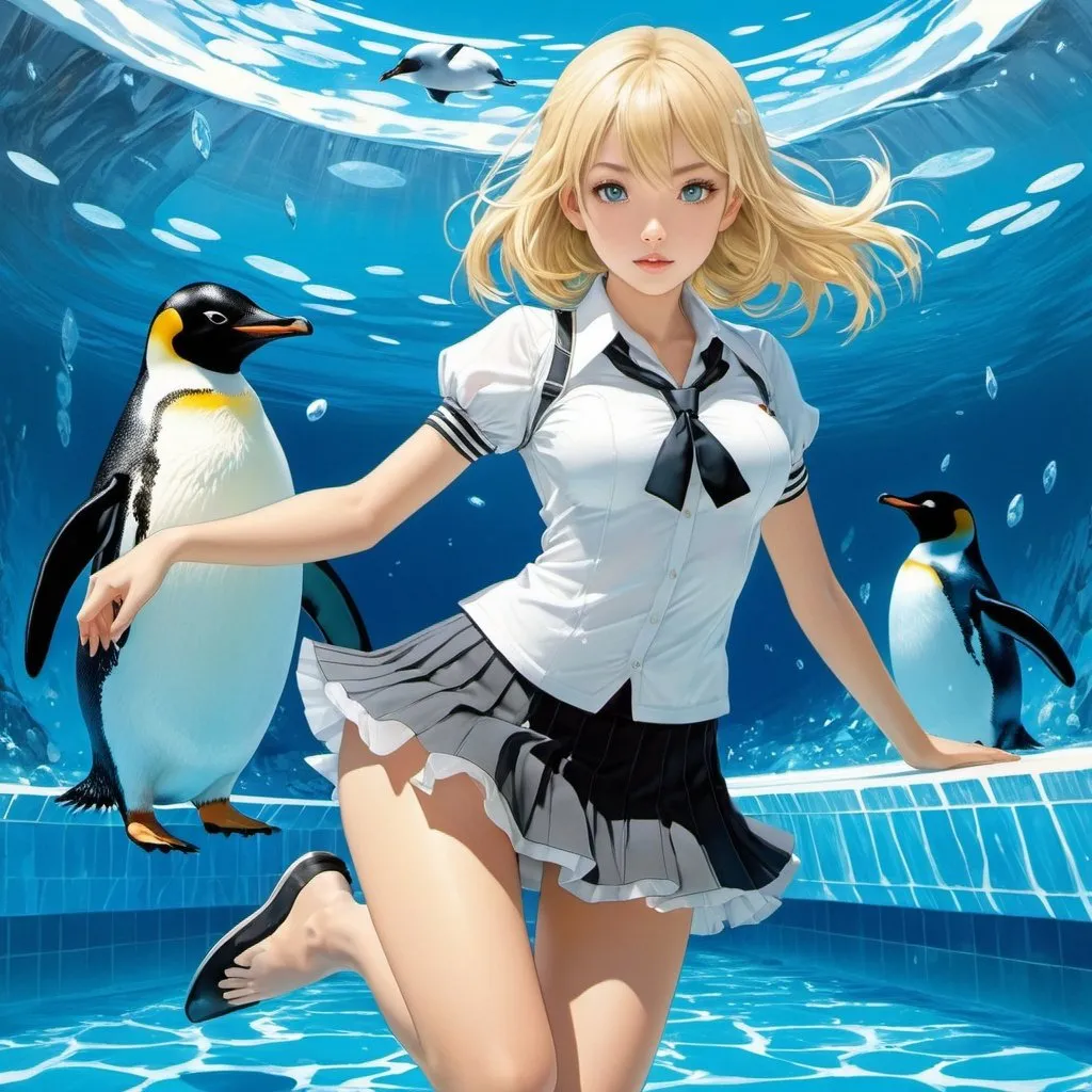 Prompt: Shigeru Tamura, A E Marty, Surreal, mysterious, strange, fantastical, fantasy, sci-fi fantasy, anime, iceberg floating in the school pool, beautiful blonde miniskirt girl Alice, perfect voluminous body, penguins, detailed masterpiece 