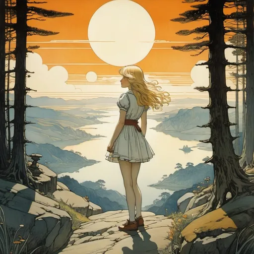 Prompt: Arthur Rackham, Emiliano Ponzi, Richard Doyle, Surrealism, wonder, strange, bizarre, fantasy, Sci-fi, Japanese anime, the kingdom where the sun is born, the distance beyond the darkness of the universe, Alice, a beautiful blonde miniskirt girl, went out in search of the sun, perfect voluminous body, detailed masterpiece 