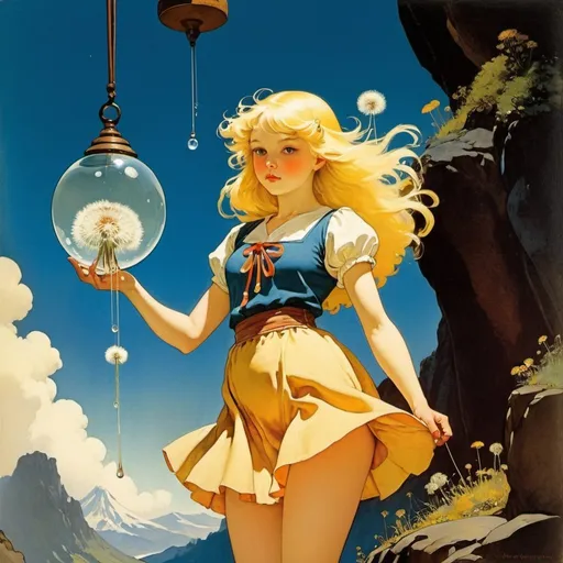 Prompt: Gustaf Tenggren, Maxfield Parrish, Surreal, mysterious, strange, fantastical, fantasy, Sci-fi, Japanese anime, liquid glass volcano, wind chime dandelion, blonde miniskirt beautiful girl Alice, perfect voluminous body, detailed masterpiece 