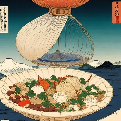 Prompt: Ukiyo-E, Jean Giraud, Heath Robinson, Dumplings are an ancient modern food, the surprising relationship between the Great Buddha and fava beans, Oden, a tofu dish that has undergone a major transformation, and Ganmodoki, an Islamic confectionery, hyperdetailed high quality high definition high resolution masterpiece 