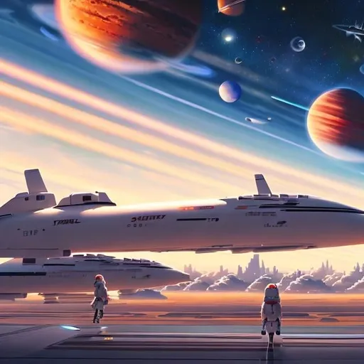 Prompt: Kenji Tsuruta art style, space port, starship landing, a girl in pilot suit walking toward the starship, double mars in sky, several starships flying away far in background, detailed, sci fi, illustration 