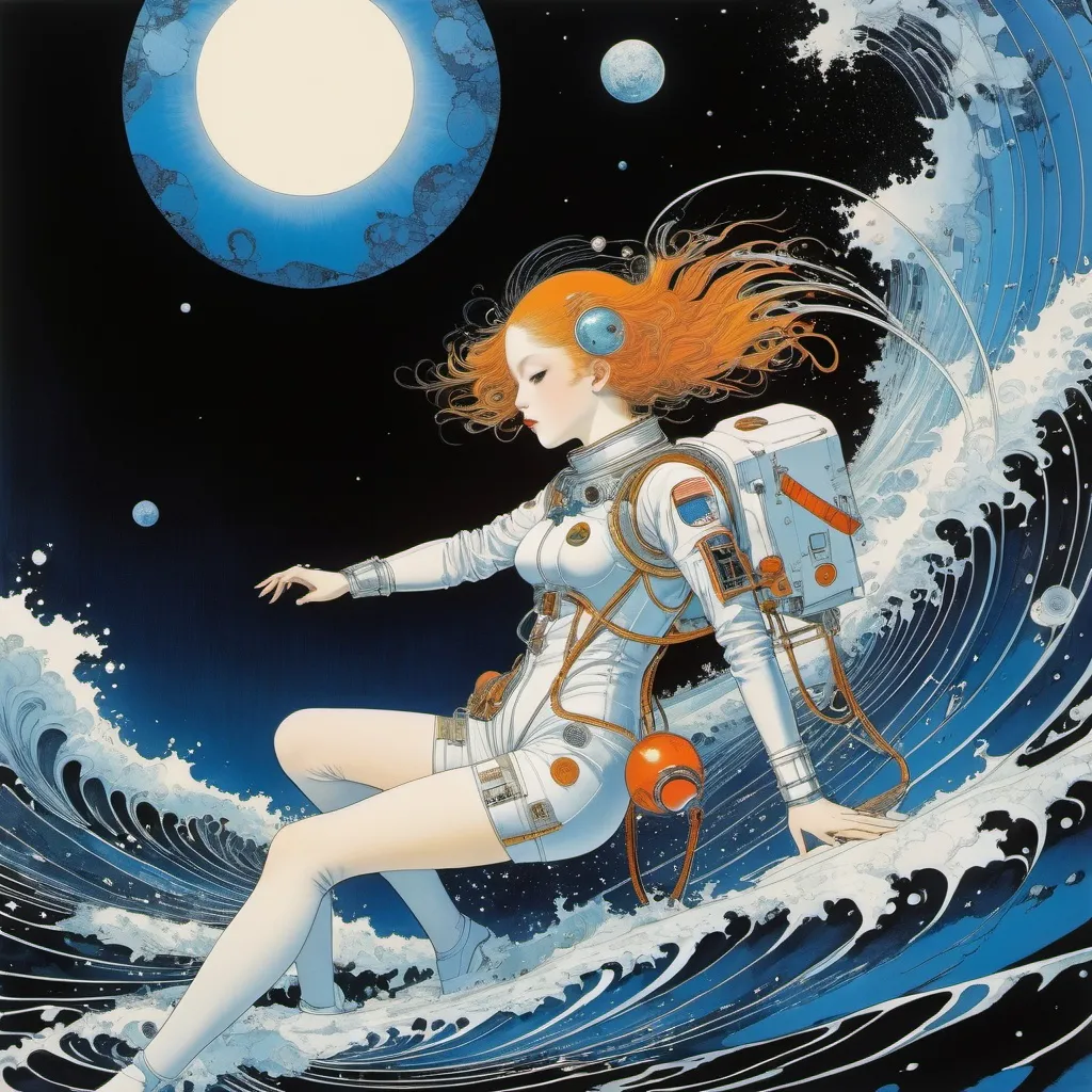 Prompt: Harry Clarke, Enno Ootsing, Yuko Higuchi, Katsuhiro Otomo, Heiki Ernits, Surrealism, mysterious, bizarre, fantastical, fantasy, Sci-fi, Japanese anime, tidal force calculation of an orbital elevator, beautiful girl in a space suit, perfect voluminous body, fighting against the waves of gravity, detailed masterpiece 